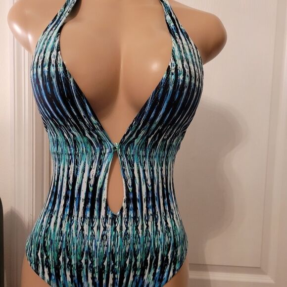 BAR III WOMEN'S PRINTED PLUNGE INDIGO LACE-UP ONE-PIECE SWIMSUIT - Picture 12 of 15